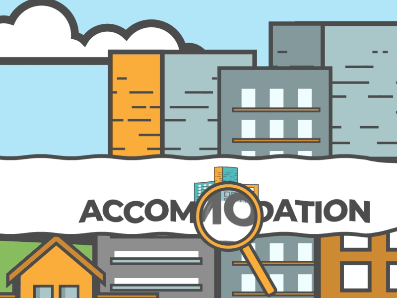 Looking for accommodation 2d animation accommodation animation banner branding buildings explainer illustration magnifying glass motion graphics student student city student life vector