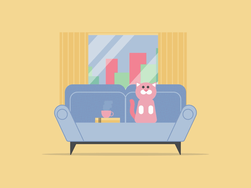 Staying at home 2d animation animation bounce branding cat character character animation explainer gif illustration loop motion graphics sofa tea cup vector
