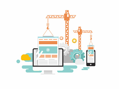 Website development cloud construction crane development flat icon illustration infographics monitor web design website