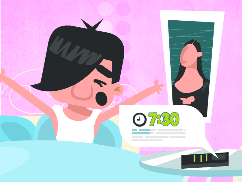 Morning character design explainer wake up animation bedroom fashion alarm morning sleep mobile bed 2d
