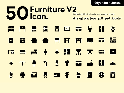 Kawaicon - 50 Furniture Glyph icon Set design furniture furniture icon glyph icon icon icon a day icon app icon design icon packs icon set illustration pixel perfect icon ui vector