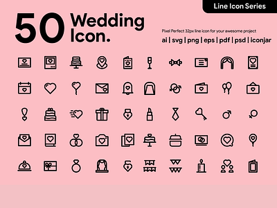 Kawaicon - 50 Wedding Line Icons