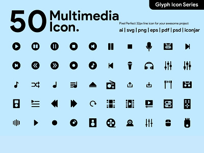 Kawaicon - 50 Multimedia Glyph icon Set design glyph icon icon icon a day icon app icon design icon packs icon set illustration media icon multimedia pixel perfect icon ui