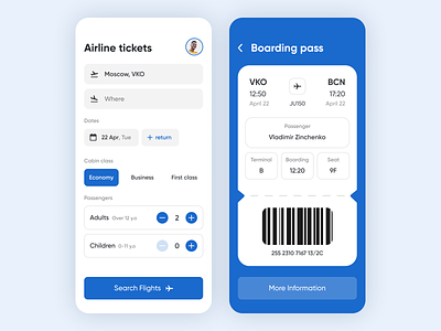 Airline tickets – Mobile App airline airplane airport app cabin code concept design flights minimal mobile passenger plane search ticket travel ui ux