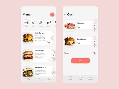 Restaurant Mobile App | Design-Concept | UX-UI app burger cart concept cook delivery design figma ios iphonex menu minimal mobile restaurant ui ux