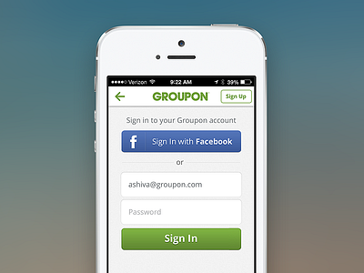 Groupon Sign In buttons facebook fields form groupon iphone login mobile onboarding password signin signup
