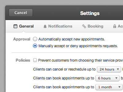 Groupon Scheduler - Settings appointments booking buttons calendar groupon navigation pictos schedule scheduling settings tables ui ux web app