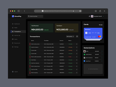 Fintech Transactions page (Dark Mode)