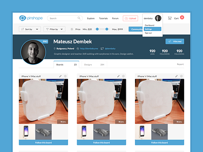 Profile page commerce page pinshape profile redesign ui website work