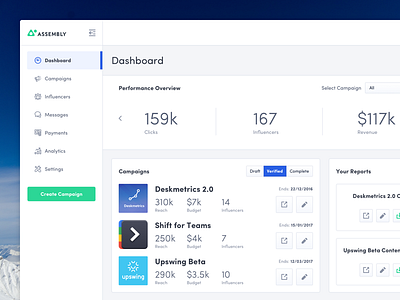 Assembly Dashboard app campaigns clean dashboard feed reports stats ui white