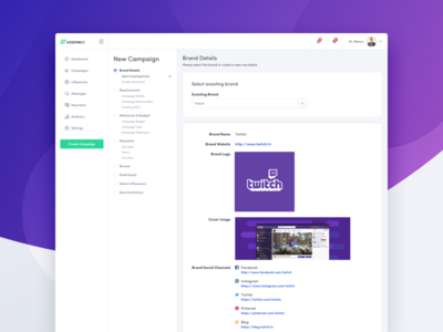 Create New Campaign (Brand Details) brand checklist clean create dashboard sidebar social ui