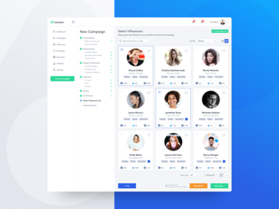 Create New Campaign (Select Influencers) brand checklist clean create dashboard influencers sidebar social ui users