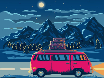 Night Scene bus clean design flat graphic design illustration illustrator moon mountains night nightlife picnic vector