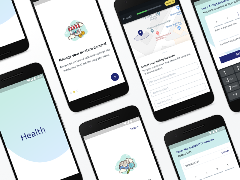 Onboarding screens for Health-tech startup splash map health app healthcare app ux android onboarding screen onboarding