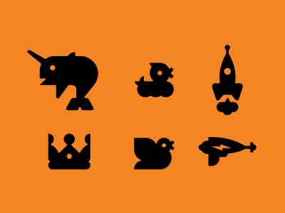 Various Icons bird crown duck gun narwhal ray ship shuttle smoke space water