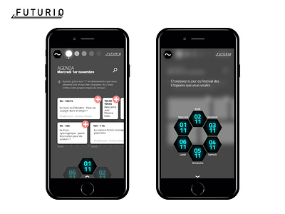 Futuriq - Science Fiction festival mobile app concept agenda calendar festival mobile app mobile app design naviguation sciencefiction uidesign ux ux ui wireframes