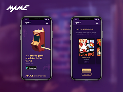 MAME - Homepage and ROM shop arcade branding design gaming logo mame mobile app design neon purple redesign retro rom ui ux ui