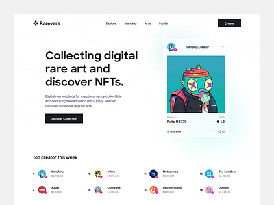 Rarevers - NFTs Landing page bitcoin crypto cryptocurrency dark digital eth landing page metaverse nft nfts opensea simple ui user interface ux webdesign website white