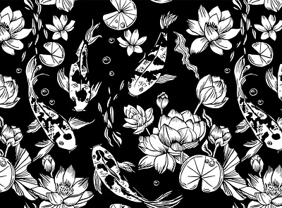koi carps and lotus seamless pattern artwork asian black and white fabric pattern fish graphic illustration ink koi carp lines linework monochrome ornament outline pattern print design seamless pattern vector
