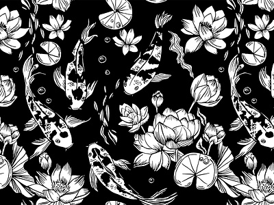 koi carps and lotus seamless pattern