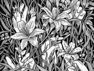 Midnight Lily Bloom artwork black white black and white botanical art floral graphic illustration ink linework monochrome ornament pattern texture