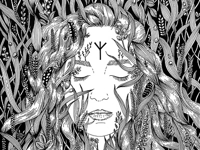 Morning Dew, Rune Mir artwork black white black and white botanicalart folk graphic herbal illustration inkonpaper inkwork linework pagan pattern portrait rune