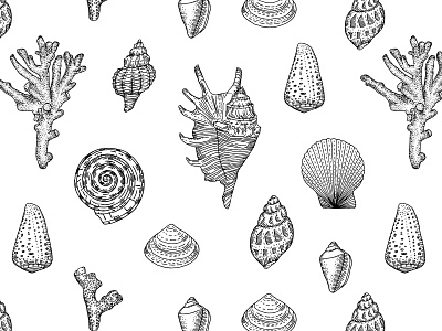 seashells vintage style pattern artwork black white engraving graphic illustration linework outline pattern seamless seashell vector vintage
