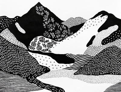 black mountains artwork blackandwhite dotted illustration ink monochrome mountains north pattern polkadot river rocks scandinaviandesign stripes texture