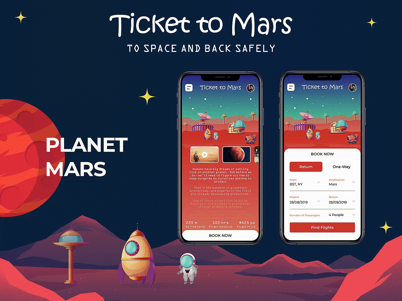 Ticket to Mars Application Design app apps dribbble illustraion mars mobile mobile app mobile app design mobile ui planet rocket space star ticket ux uxui