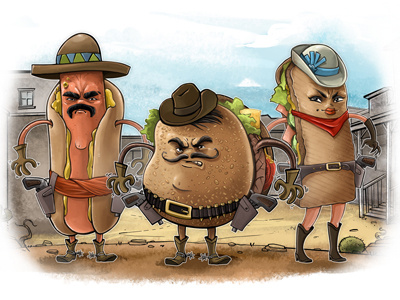 The Sinister Trio burger cowboy desperado fast food hamburger hot dog mcdonalds mexican sanwitch toast western wiener