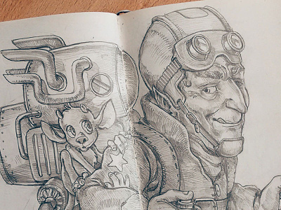 Off We go Loopey! character drawing fantasy gnome pencil pilot steampunk