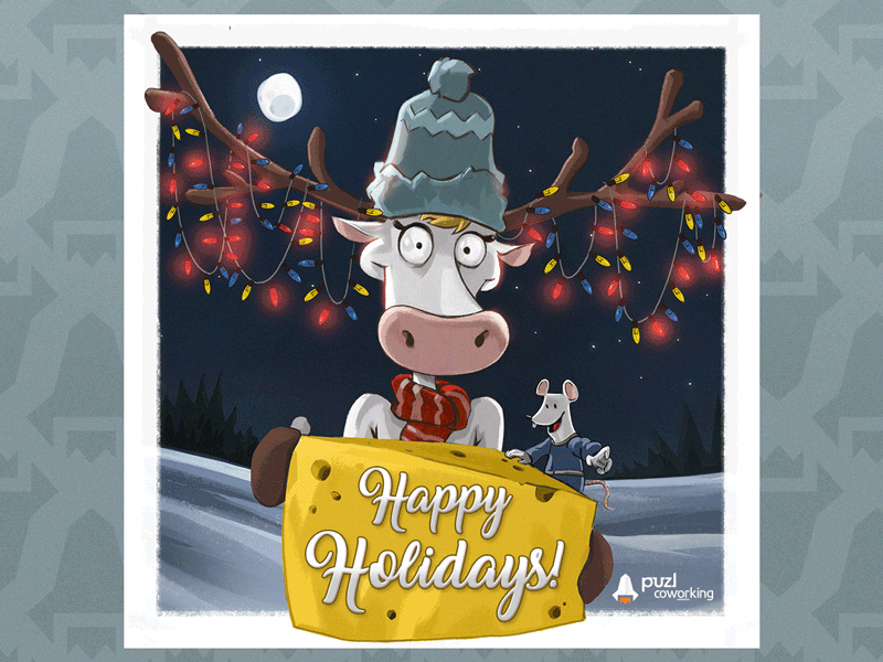 Puzl CowOrKing Christmas Card celebrating christmas cow coworking holidays king mascot puzl