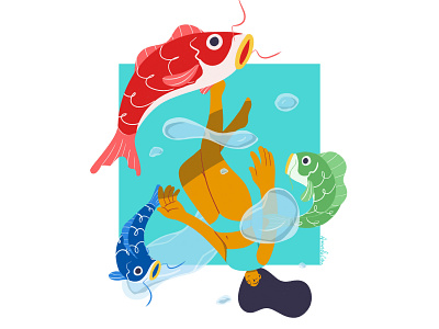 Fishes blue digital art fishes green illustration photoshop red swimming water