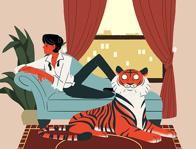 Tiger Lounge couch digital art houseplant illustration lounge photoshop plant tiger window