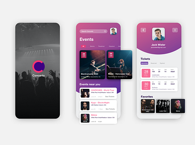 Concerto - Concert Events and Booking app app appdesign behance booking concert design dribbble gradient interface interfacedesign mobile mobileappdesign mobileui pink purple ui uidesign uiux userinterface userinterfacedesign