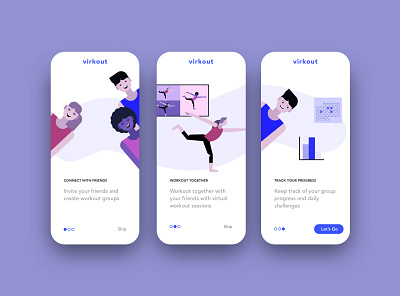 Virtual Workout App onboarding app behance connect design dribbble exercise friends illustrations mobile onboarding screen ui uidesign uiux userinterface virtual workout workout app