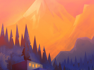 Mountain Escape cabin illustration lighting mountain trees