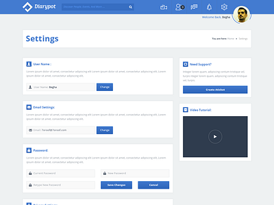 Diarypot Settings page 7oroof.com board check design diaries diary events facebook flat join learning spotlight