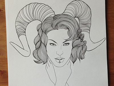 The Devil's Details artwork black and white girl hair hand drawn horns illustration ink lines wip work in progress