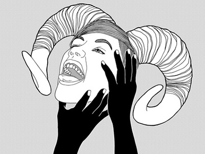 Speaking in Tongues devil face girl hands horns illustration ink mixed media print ram tongue