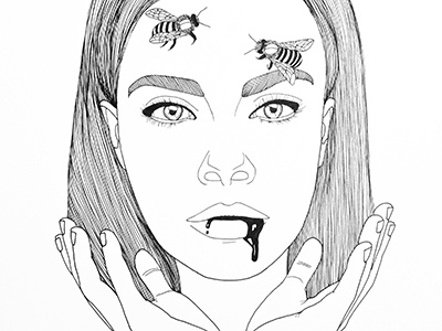 Lips Of A Strange Woman Drip Honey bees black and white drawing honey illustration ink lines lips wip work in progress