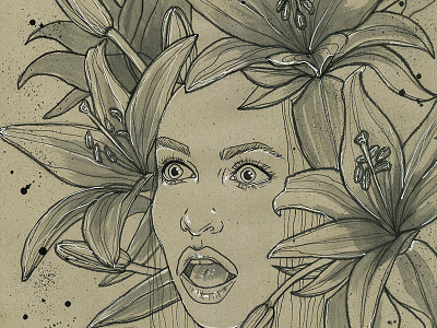 Snow White and the poison apple drawing expression eyes flowers illustration ink mouth painting toned paper