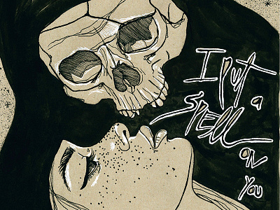I put a spell on you art drawing girl hand lettering illustration ink painting skull toned paper typography
