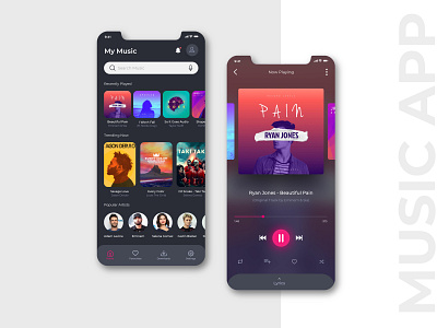 Music App (Dark Mode) app app design dark app dark mode dark ui dashboard dashboard ui micro interaction mobile app music music app music player trend ui uiux userexperience userinterface ux