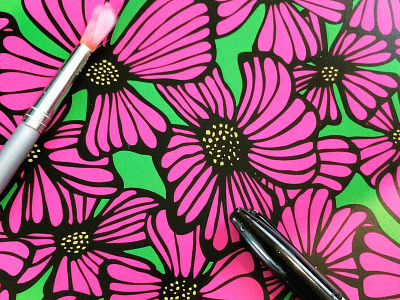 Pink Floral Pattern black white bright florals flowers handdrawn illustrations pop art vines