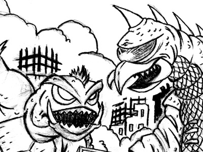 Kaiju Fight rough pencil sketch illustration monsters pencil rough sketch