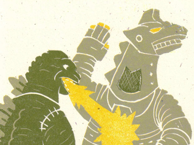 Versus: Godzilla & Mechagodzilla carving fight french paper geek godzilla illustration letterpress linoleum monster nerd reduction sci fi science fiction space speckletone