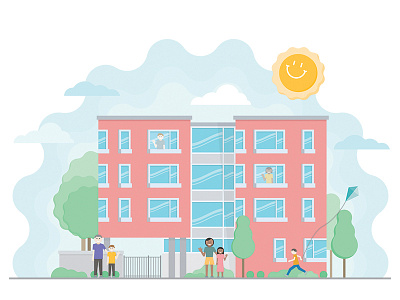 Ronald McDonald House building clouds illustration people trees vector