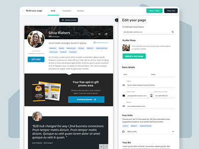 B2B Hub profile page builder business crm product design ui ux