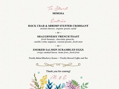 M & E's birthday brunch menu